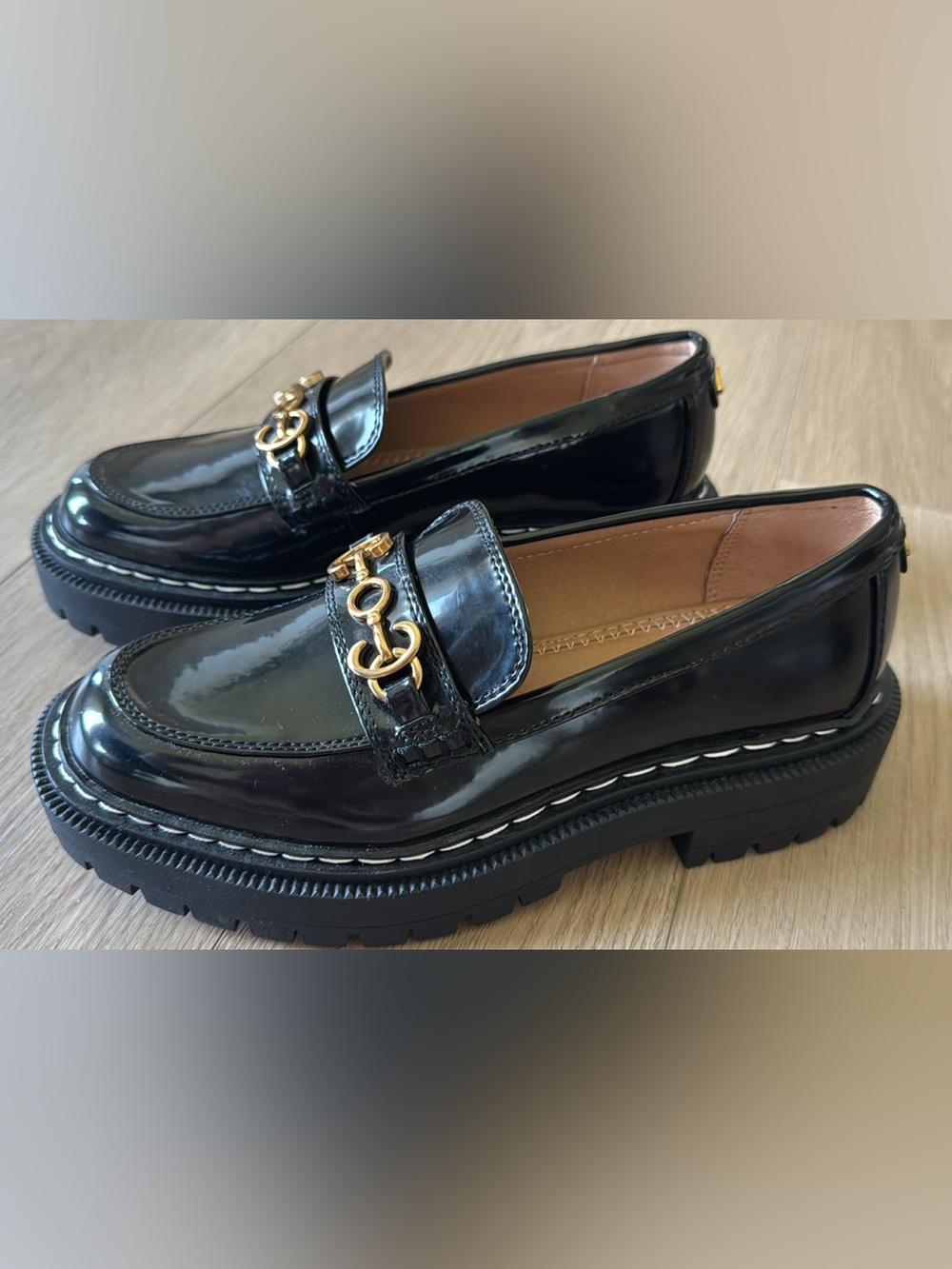 Sam Edelman Black Patent Leather Gold-Trim Loafers Circus NY